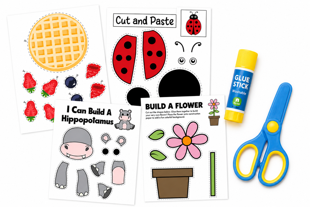 Cut & paste Activity Book + (kids friendly scissors & glue stick)